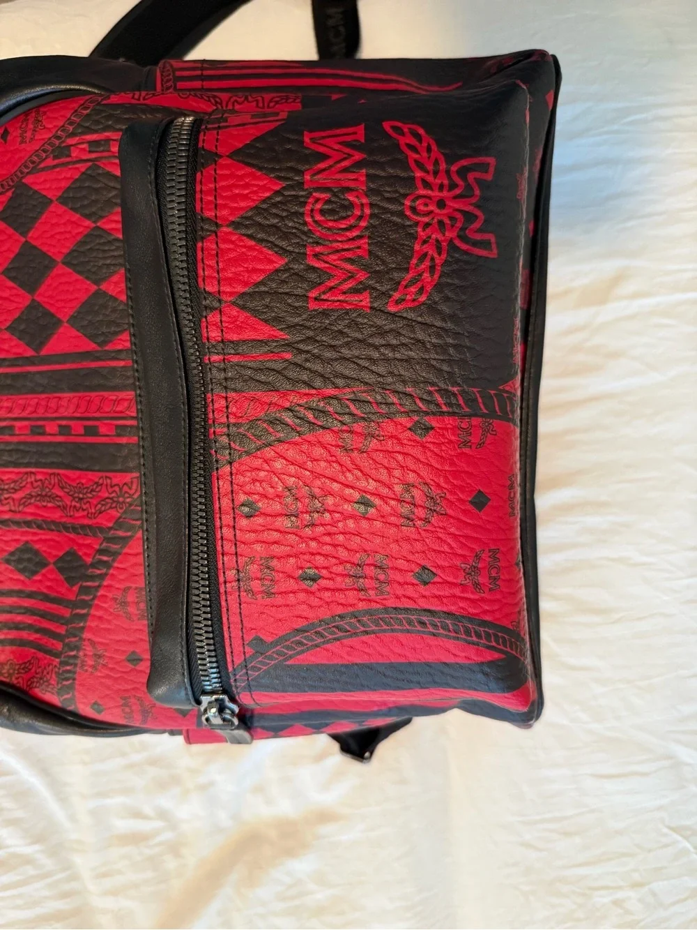 MCM Red & Black Baroque Pattern Leather Backpack Medium